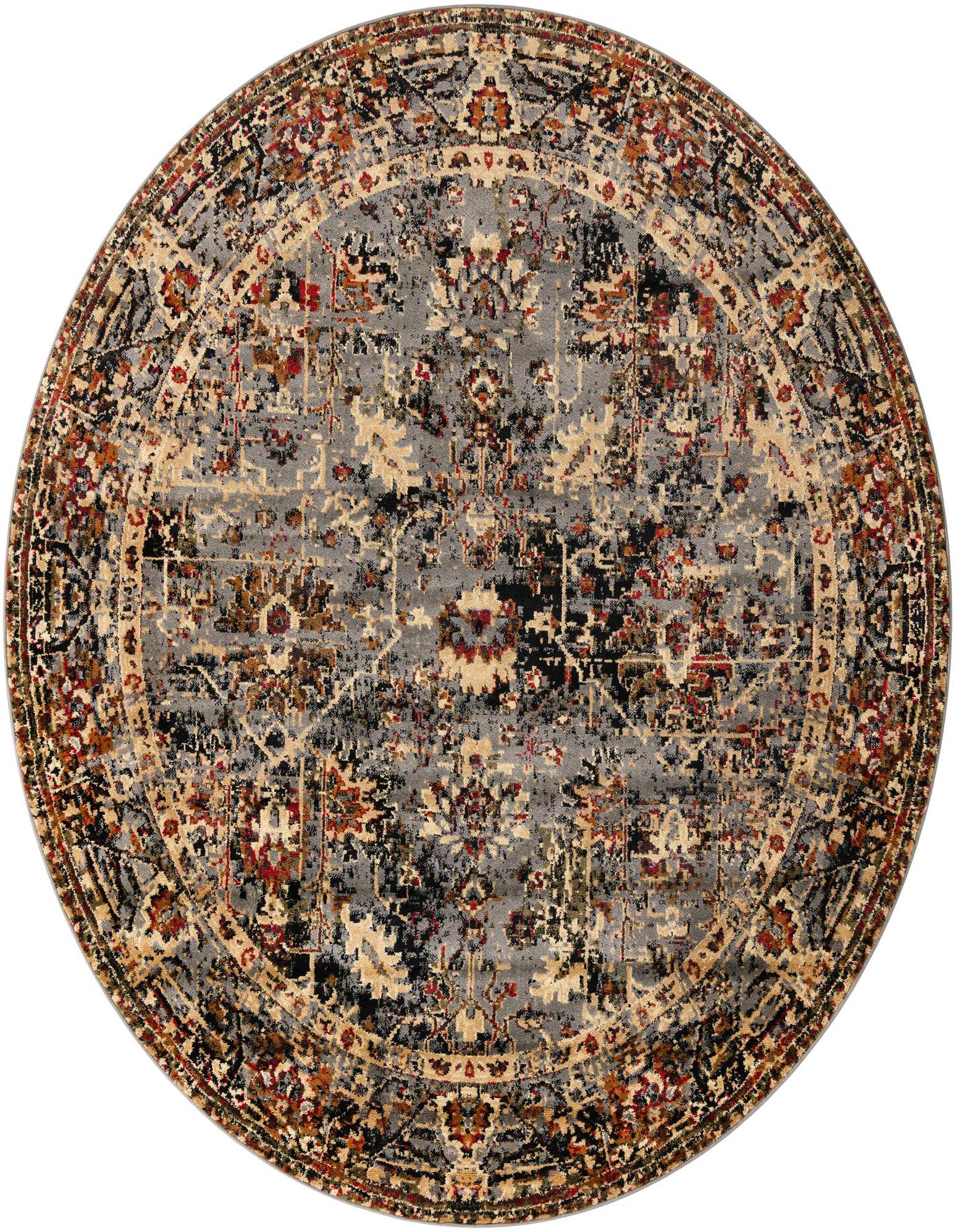 A 7' 10 round blue traditional rug with distressed floral and tribal patterns in black, gold, and red.