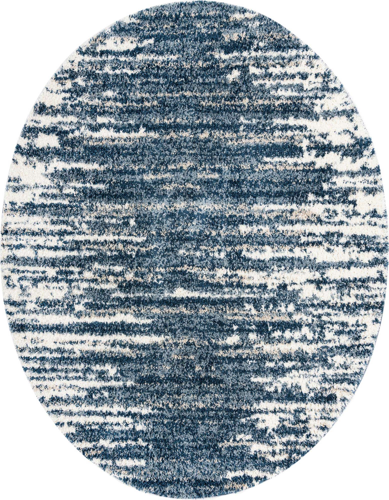 A 10-foot round Serenity Shag rug in various shades of blue and white, featuring a textured, abstract, and modern pattern.
