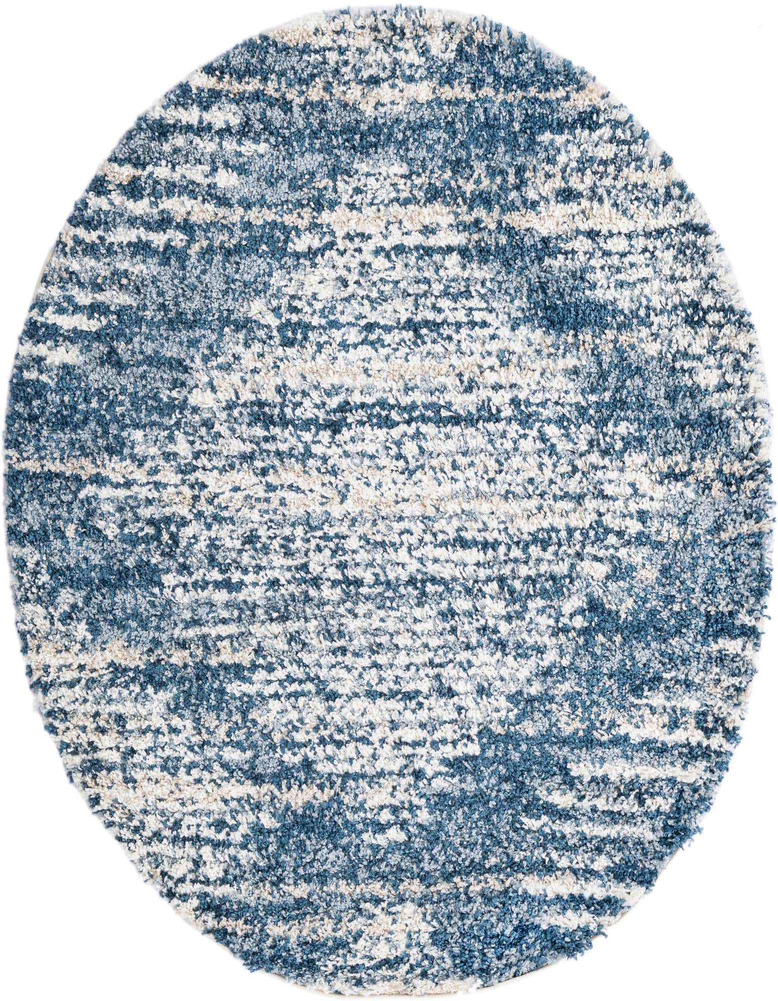 A 5' 3 round blue and white shag rug with a modern industrial trellis pattern, featuring a textured pile.