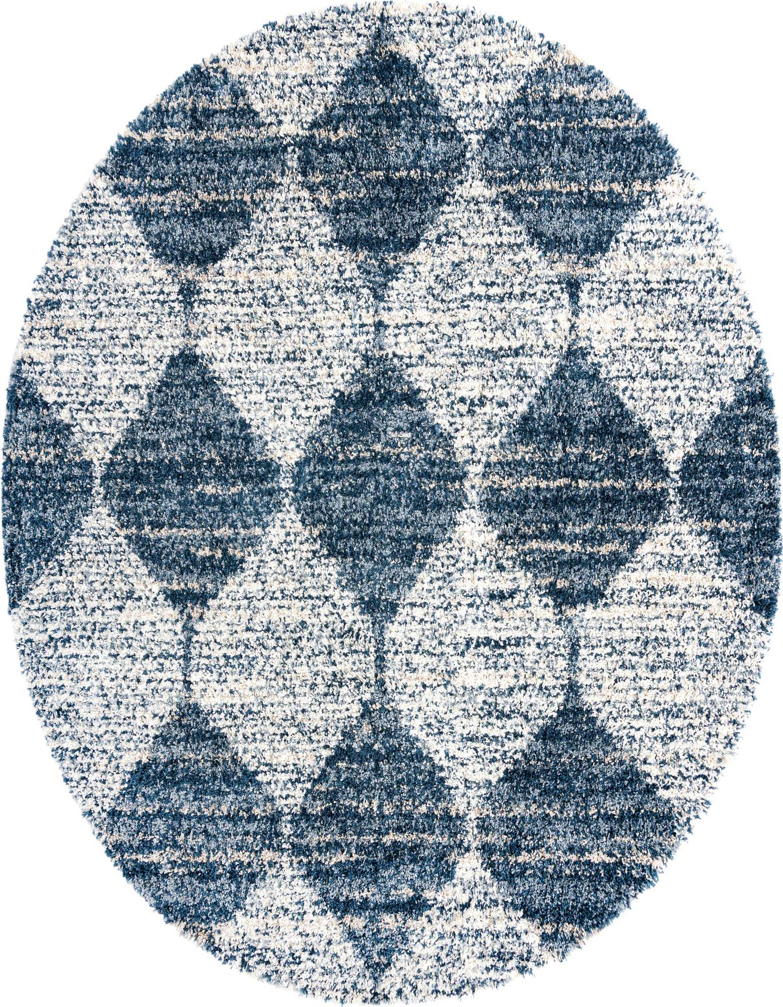A 10-foot round blue and white shag rug featuring a modern trellis pattern, ideal for an indoor living space.