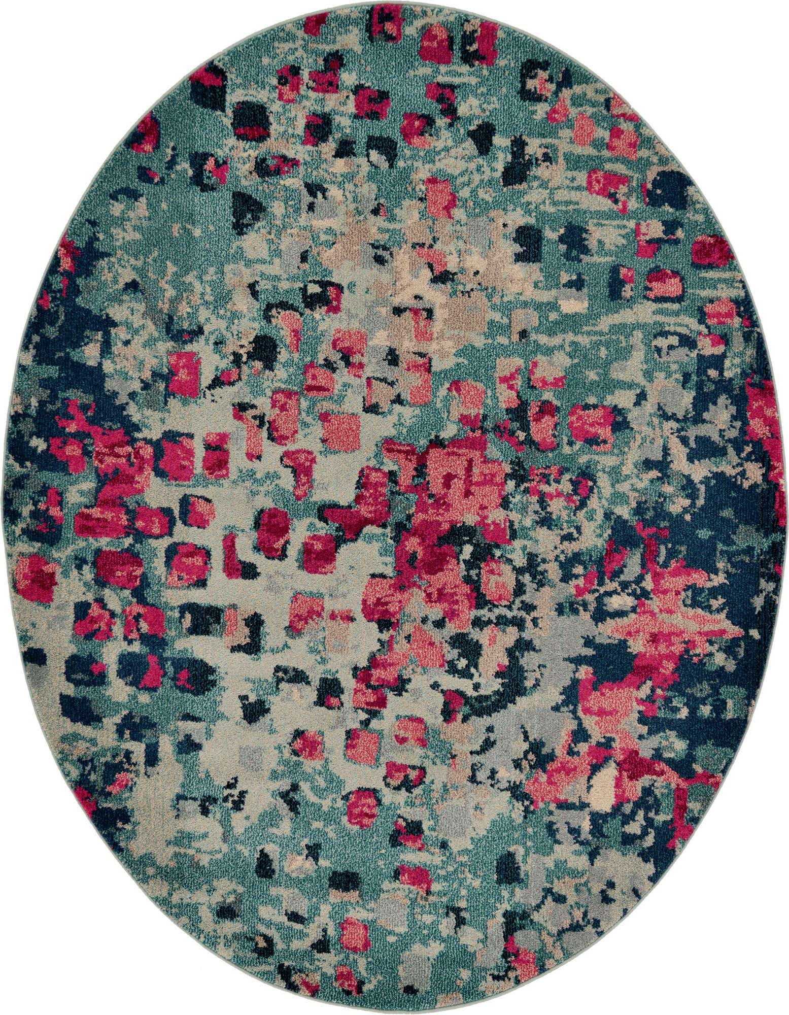 A 6' round blue abstract rug with splashes of pink, teal, and black, featuring a modern, eclectic pattern.