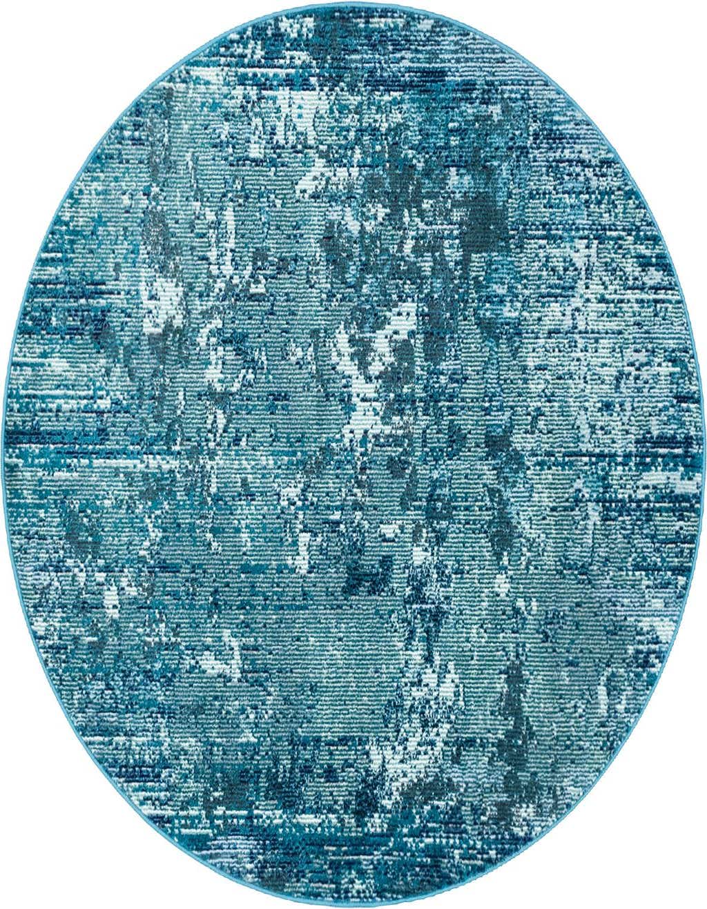 A 4' round blue rug with a modern distressed pattern featuring various shades of blue and white.