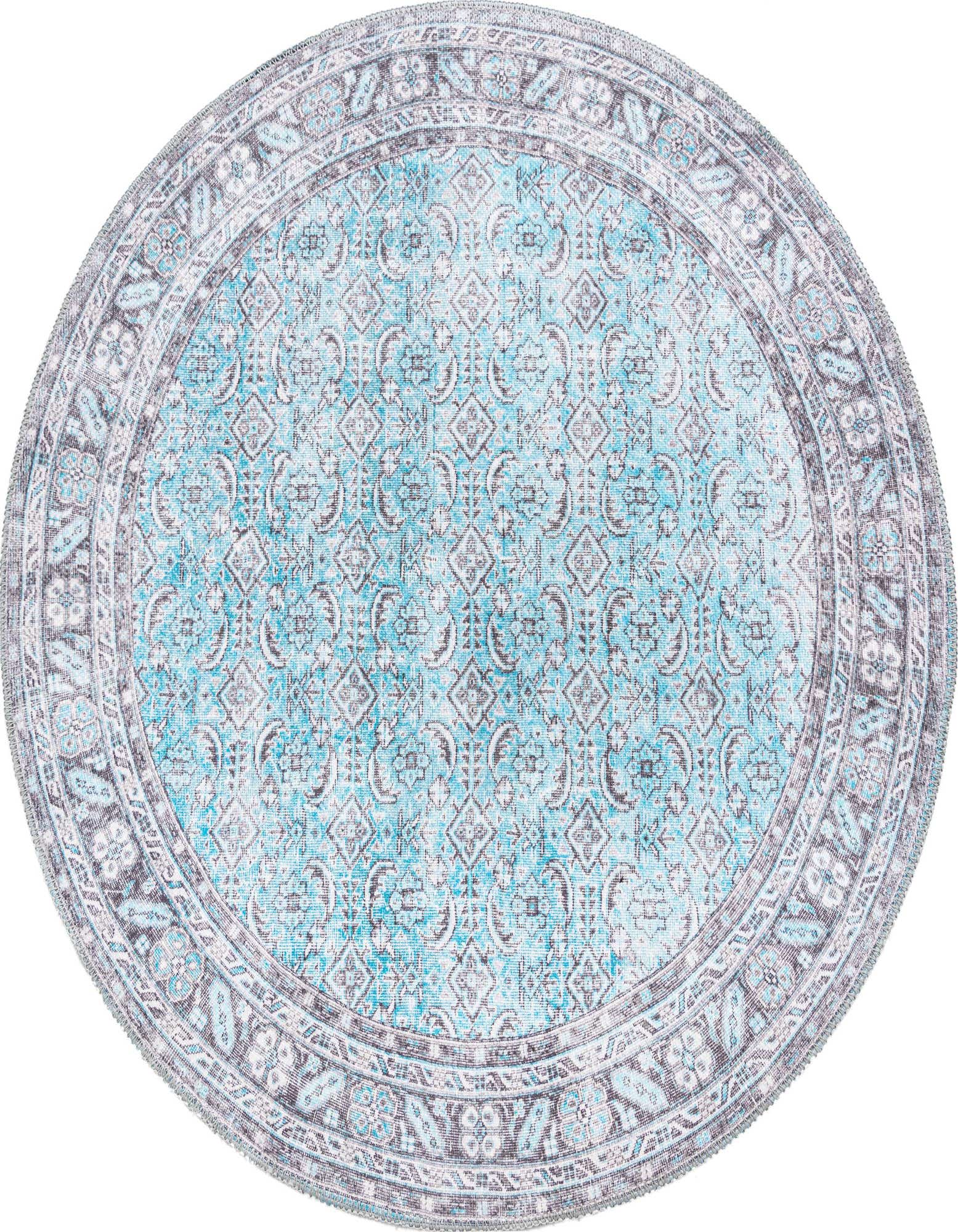 A 3' 6 round blue area rug with a distressed traditional floral pattern and a decorative border.