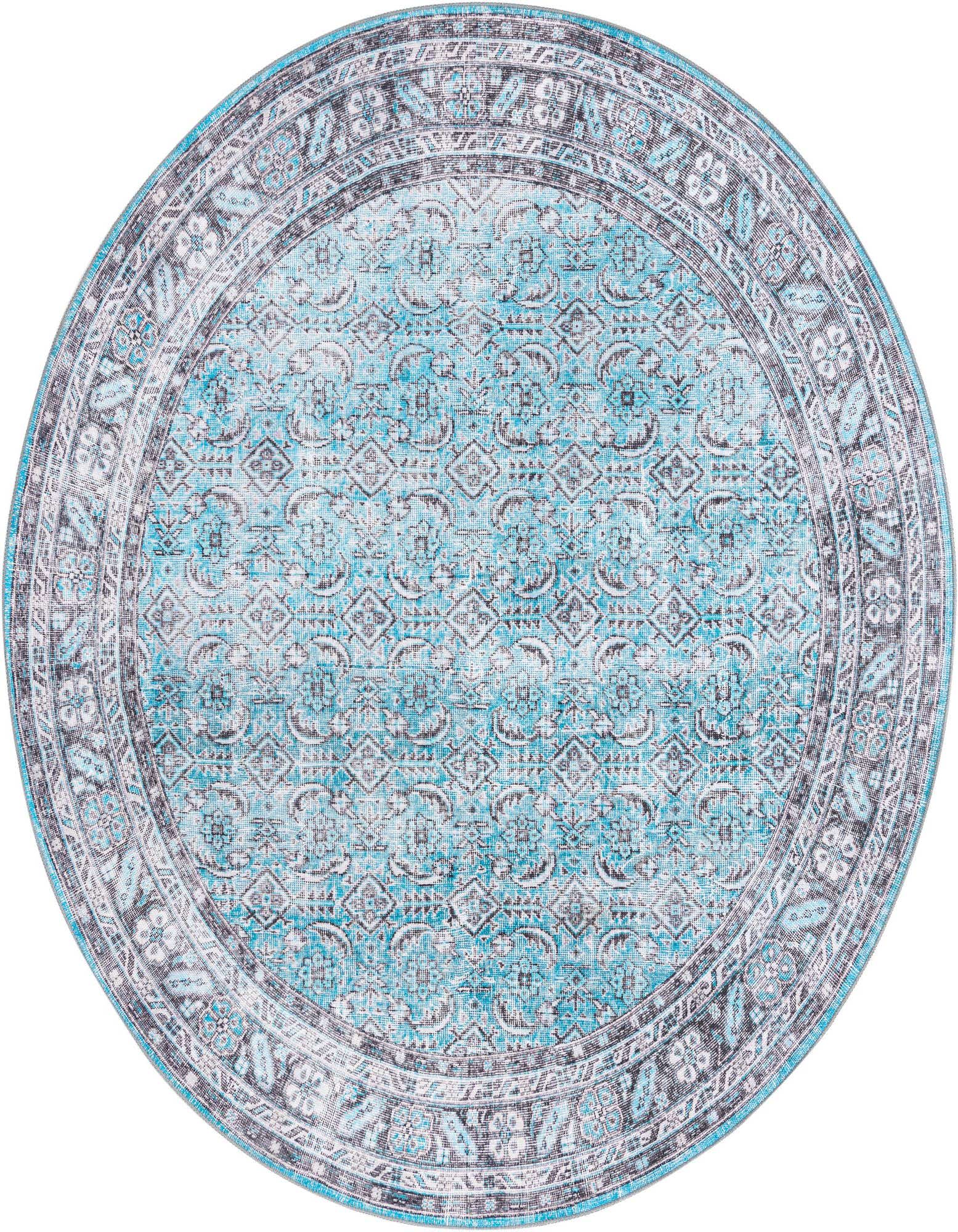 A 7' 7 round blue area rug with a faded traditional floral and geometric pattern, featuring a dark border.