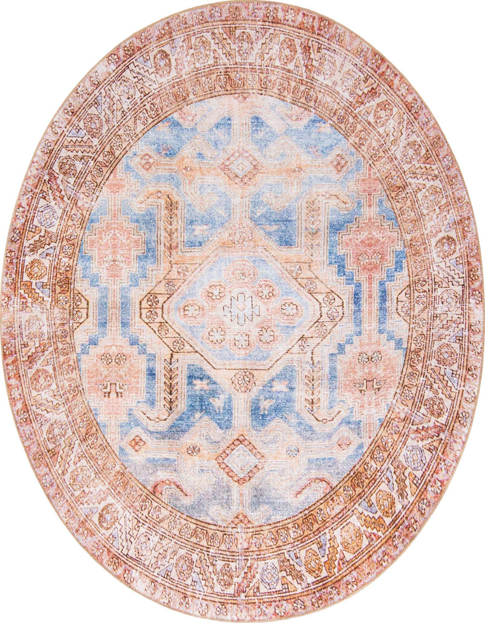 A round 7' 7 x 7' 7 blue and terracotta rug with an intricate medallion and border pattern, featuring a vintage-inspired design.