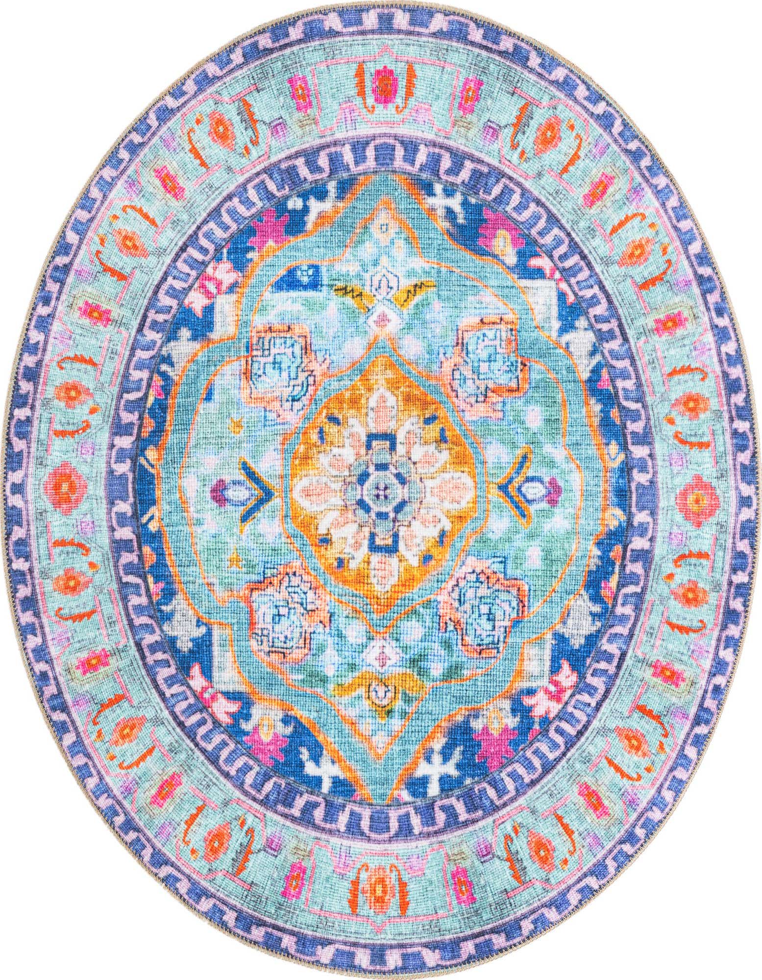 A vibrant 3' 6 round blue Bohemian rug with a central medallion and intricate traditional patterns in orange, pink, and teal.
