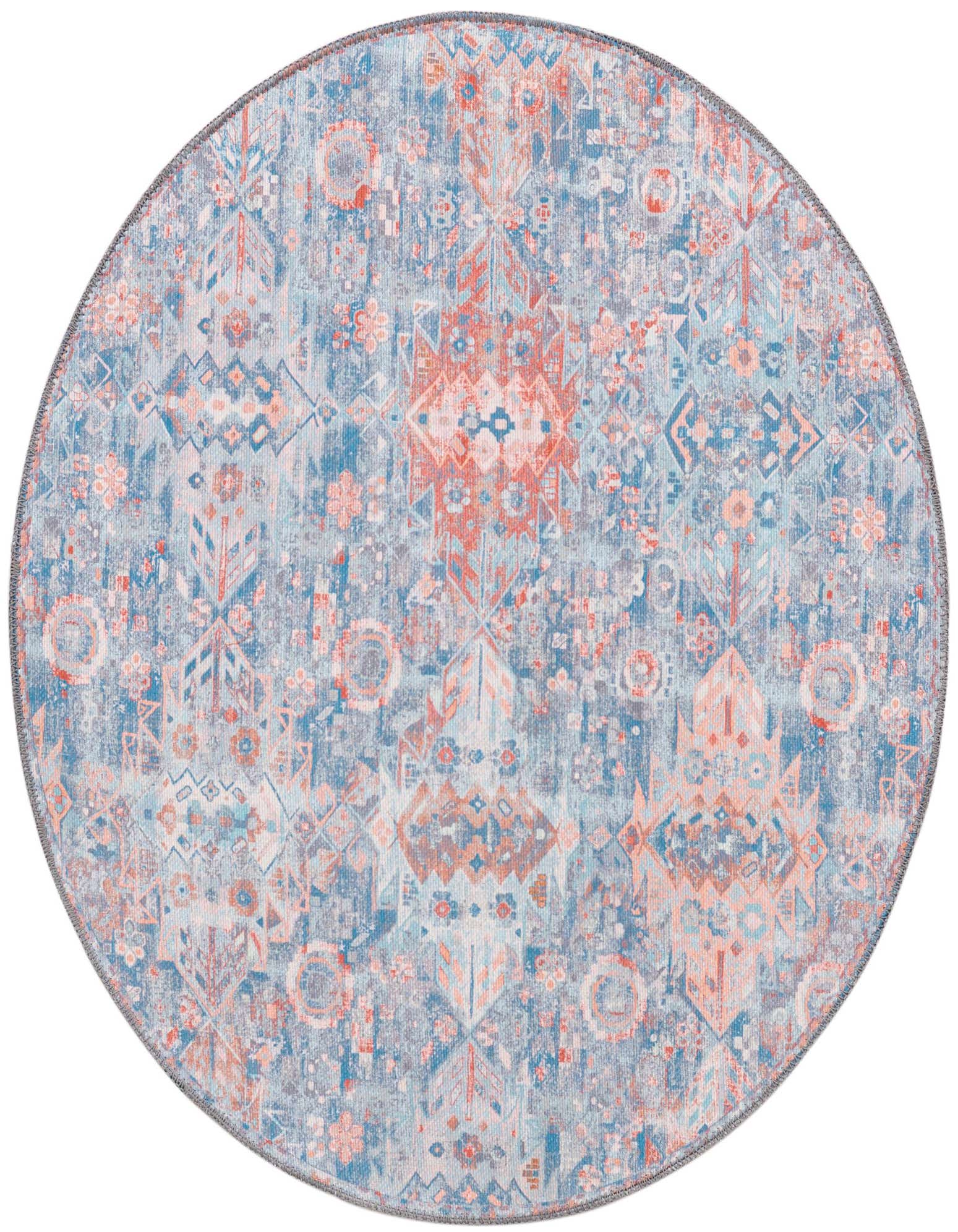 A 3' 6 x 3' 6 round blue rug with a distressed transitional tribal and abstract pattern featuring shades of blue and hints of coral.