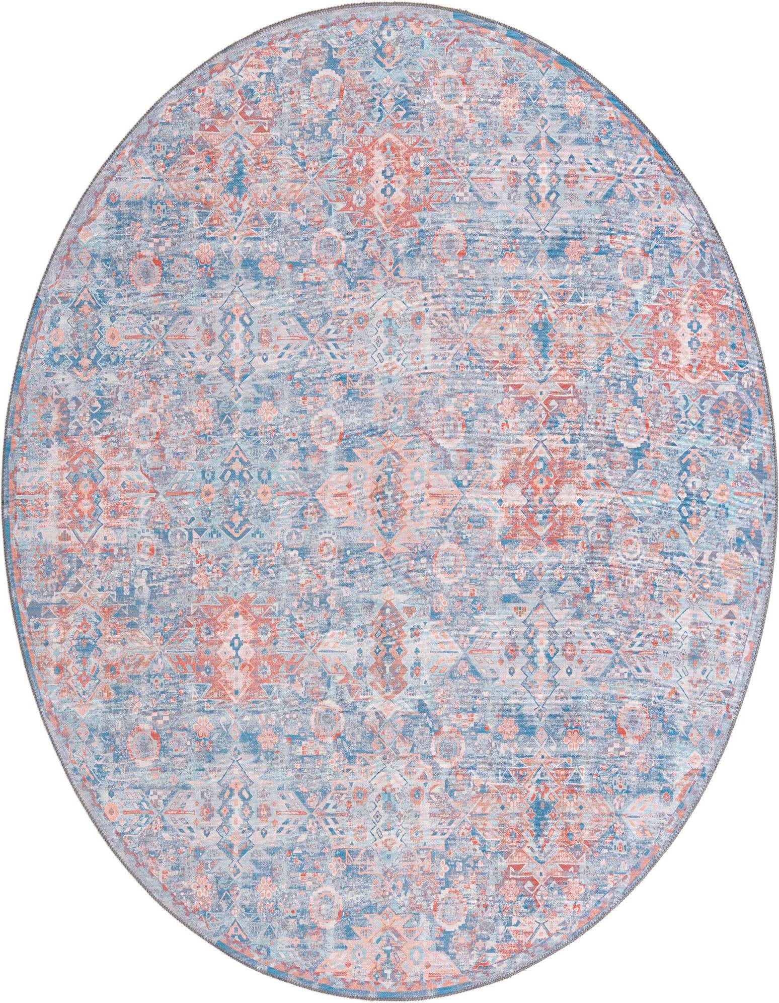 A 7' 7 round blue and terracotta transitional rug with a distressed tribal pattern, suitable for a living room.