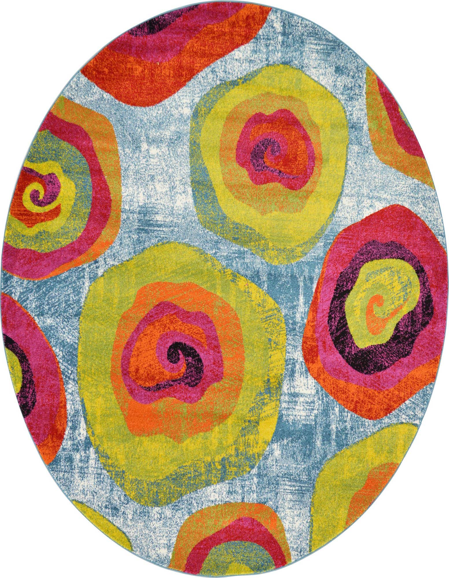 A vibrant round rug with a light blue distressed background and large, colorful, abstract floral or swirl patterns in yellow, orange, pink, and red.