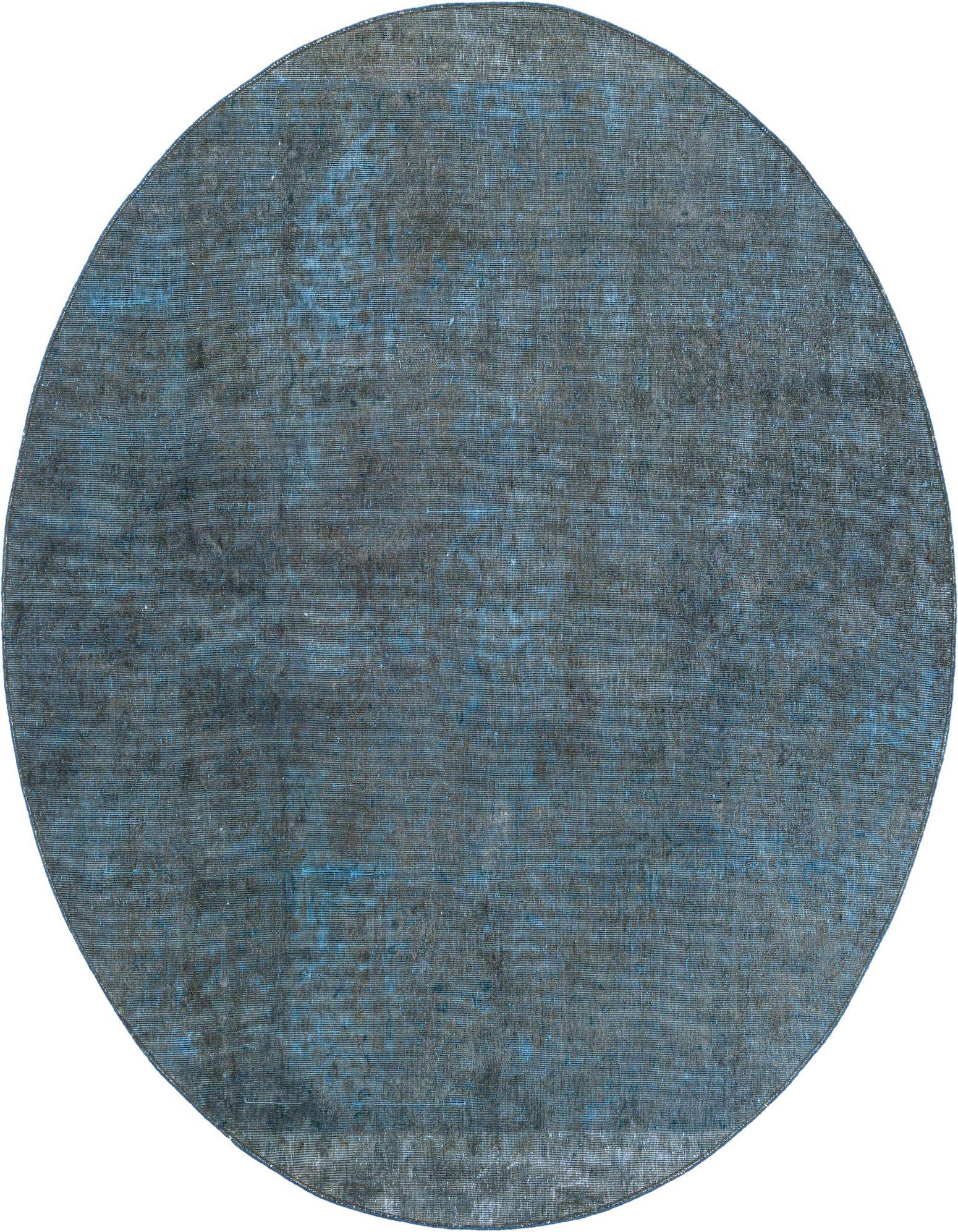 A 7' round blue and gray distressed Persian-style wool rug with a flat pile, suitable for indoor use.