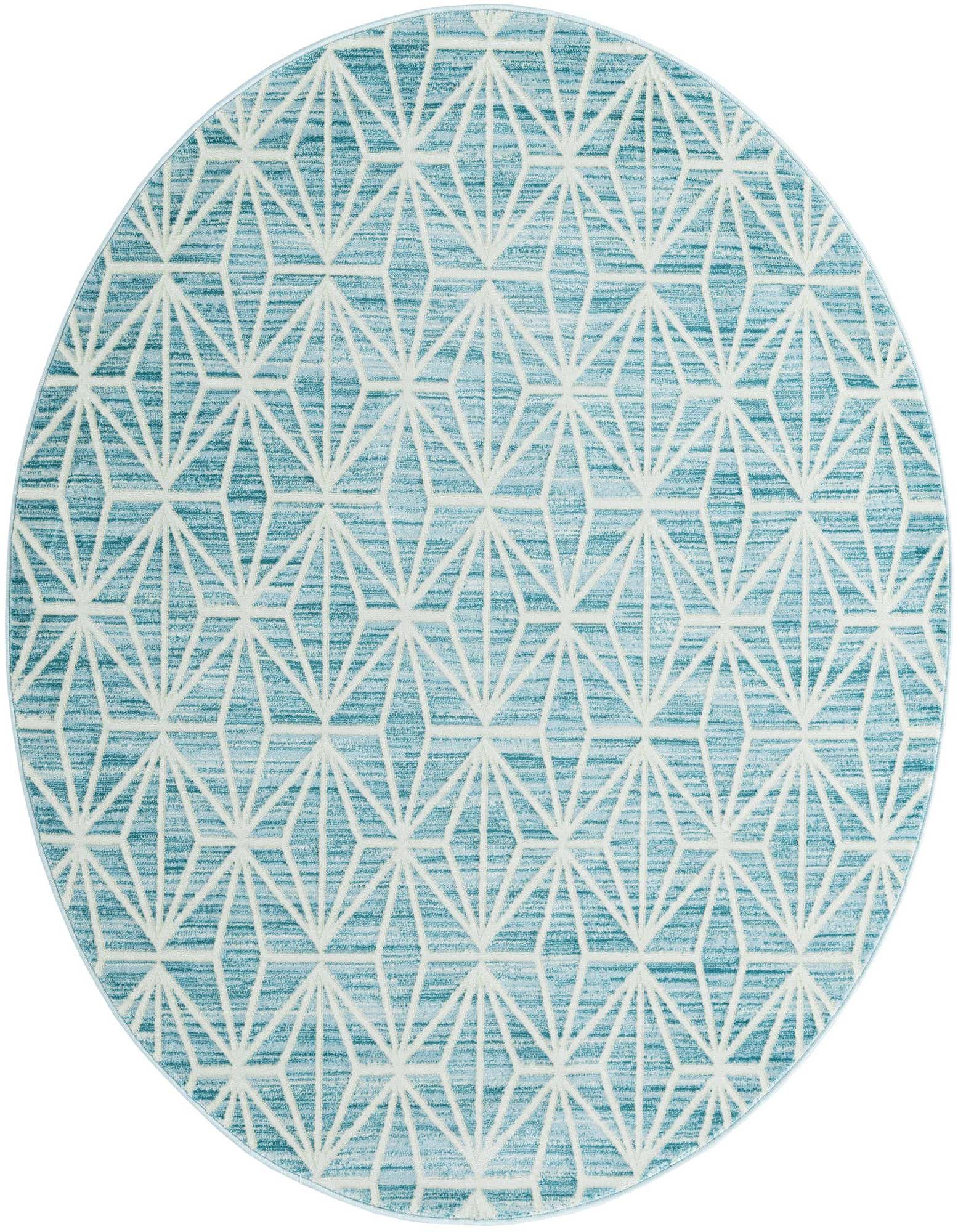 A 5' 3 round blue rug with a modern geometric pattern of interlocking white diamonds, showcasing its textured pile.