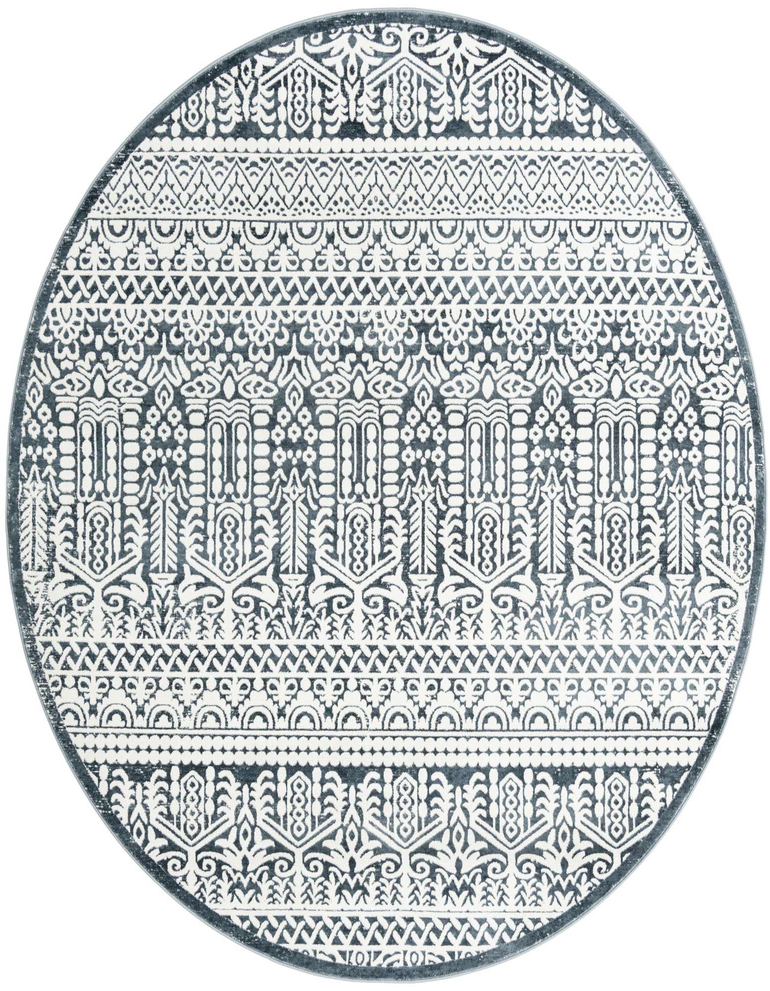 A 7' 10 round blue and white farmhouse rug with a striped, modern pattern, suitable for indoor spaces.