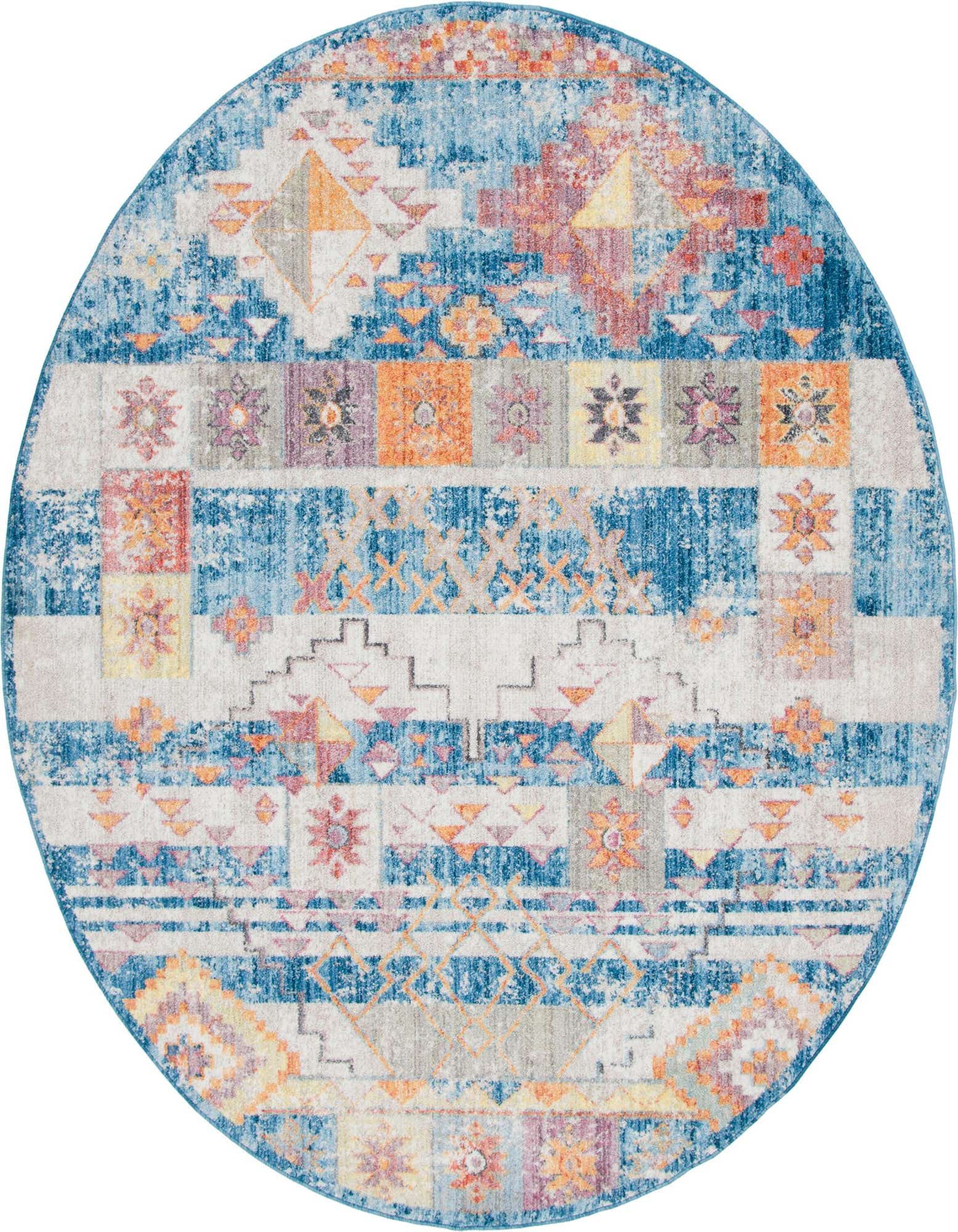A round 8' blue tribal rug with a distressed modern vintage pattern featuring orange, yellow, and purple floral and geometric motifs.