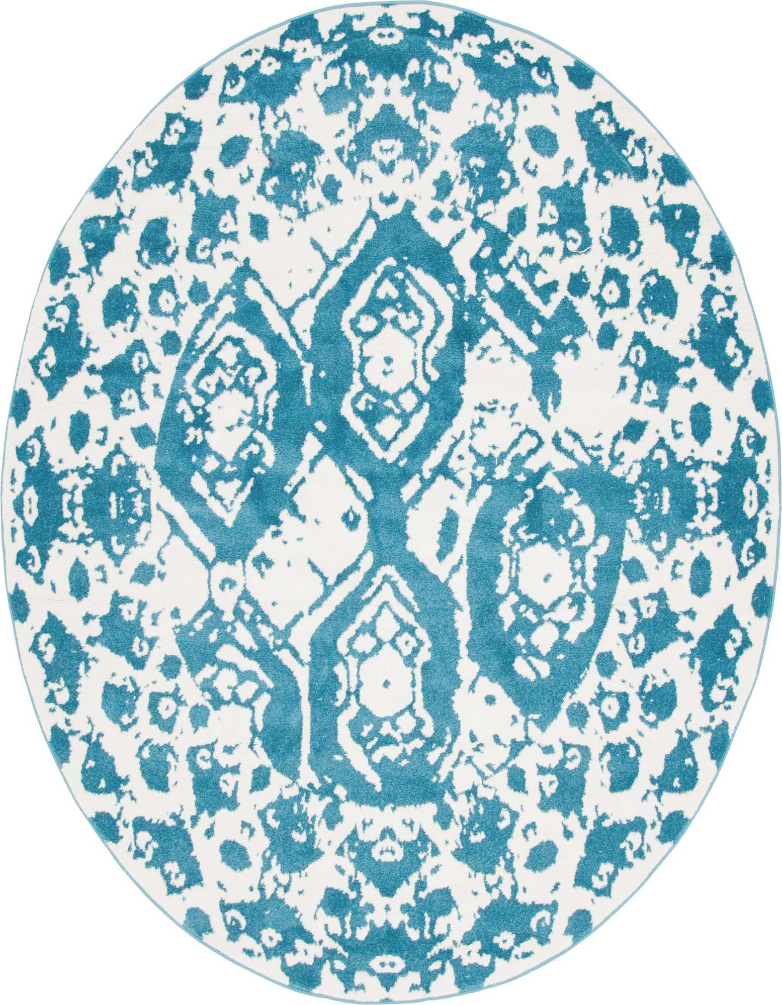 A round 8' blue and white area rug with a distressed trellis pattern, perfect for a living room.