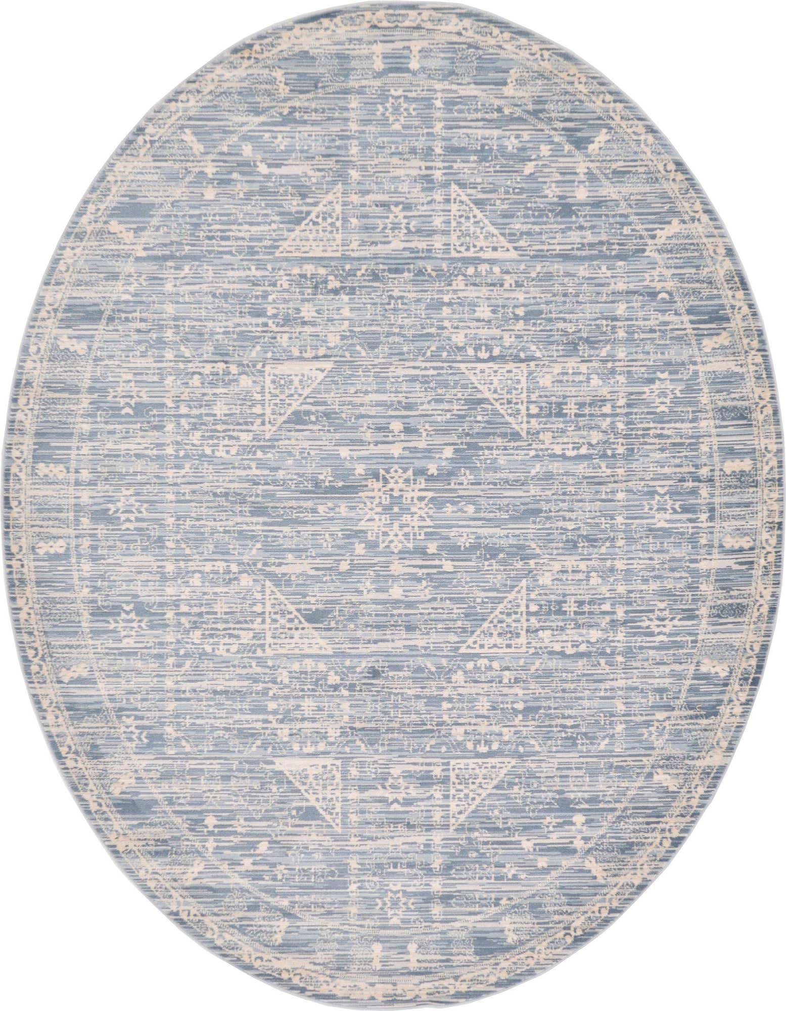 A 6' round blue and cream bohemian medallion rug with a distressed vintage look, suitable for indoor spaces.
