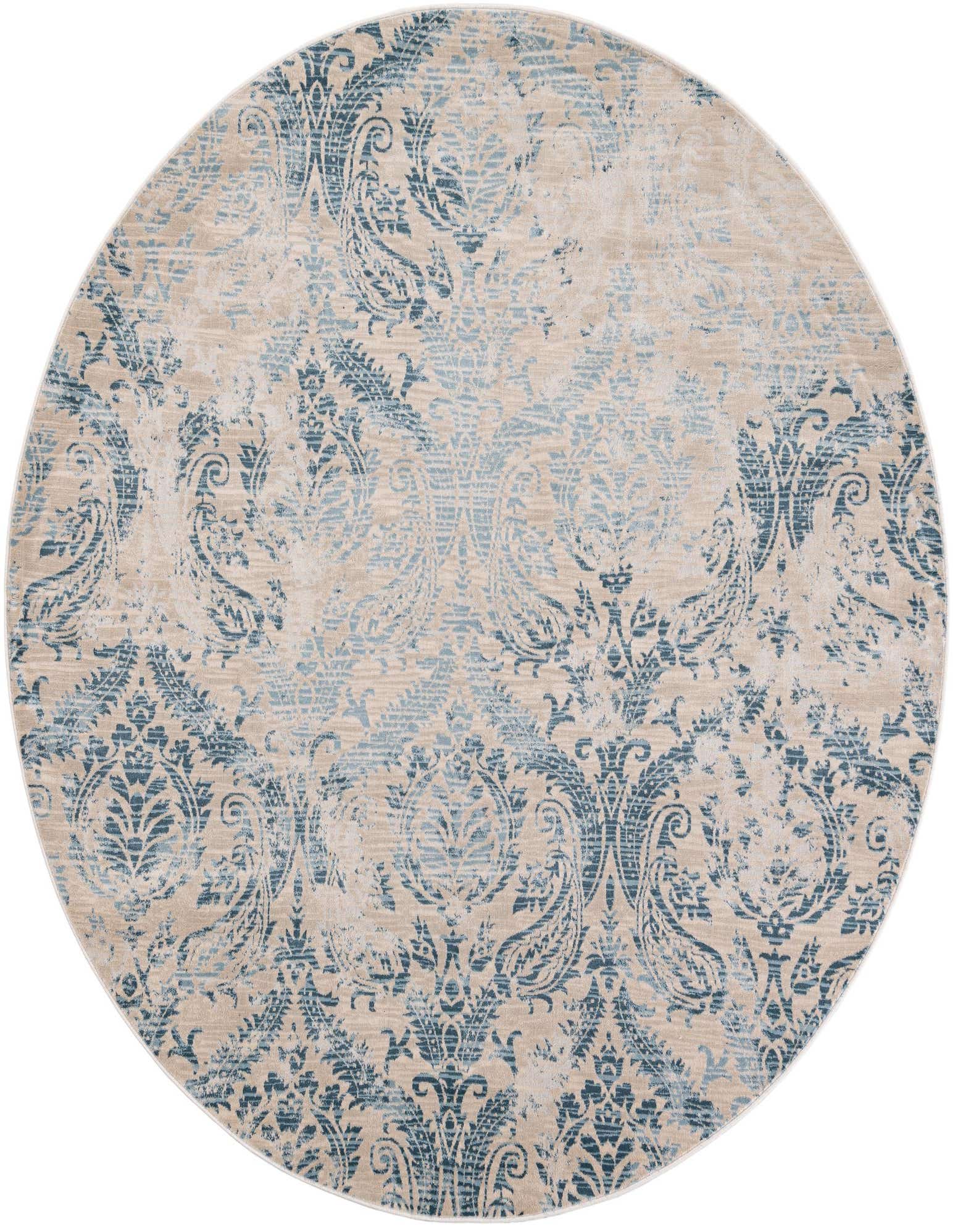 A 7' 10 round blue and beige rug with a distressed Oriental floral pattern, suitable for indoor spaces.