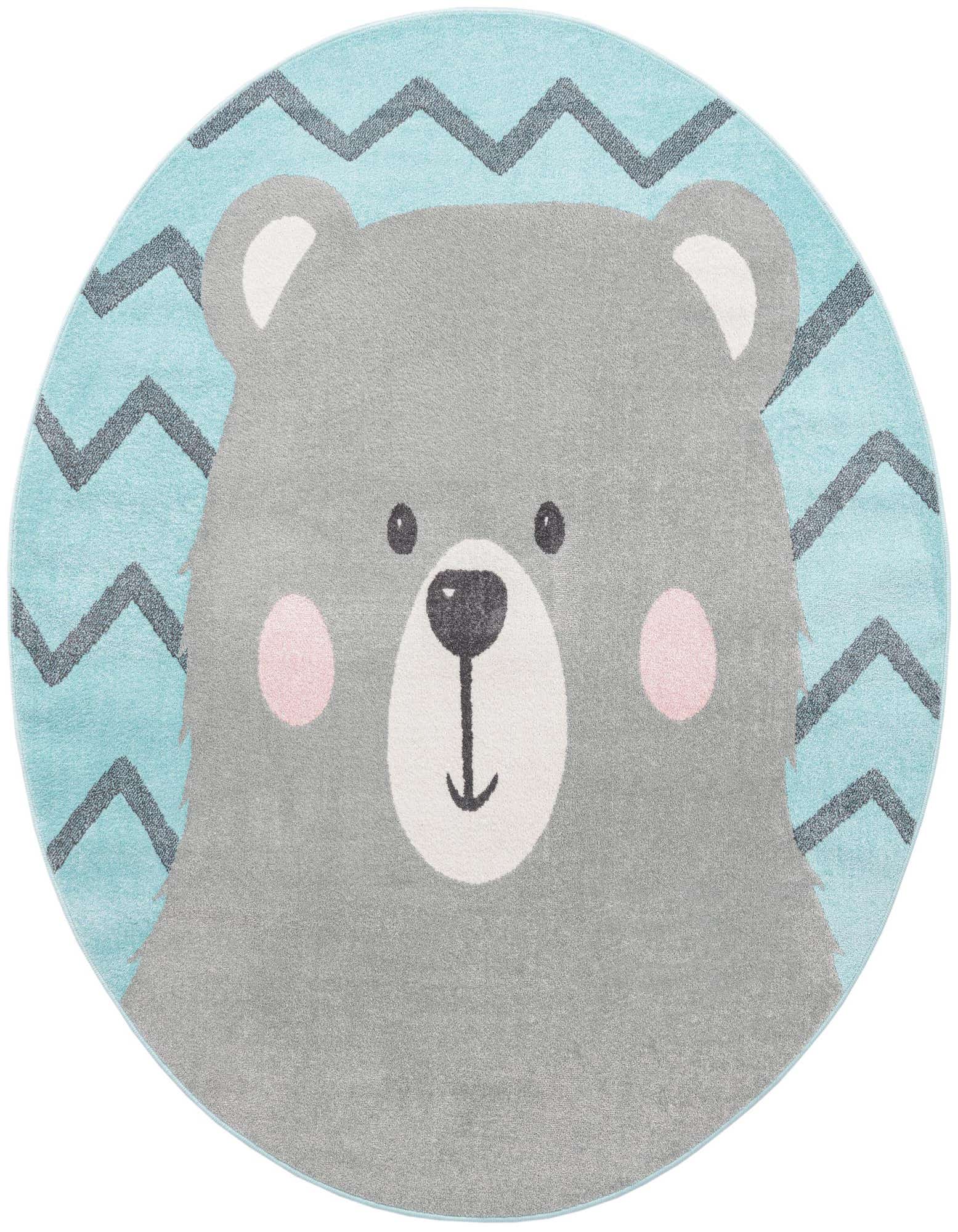 A round blue and grey rug featuring a cute cartoon bear face with pink cheeks and a chevron pattern border.