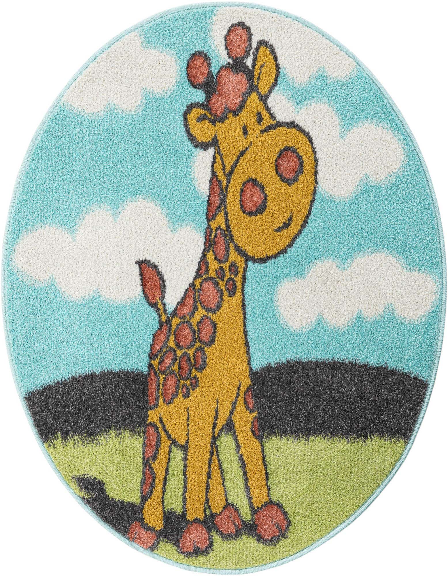 A round blue rug featuring a cartoon giraffe with orange spots, standing on green grass under a blue sky with white clouds.