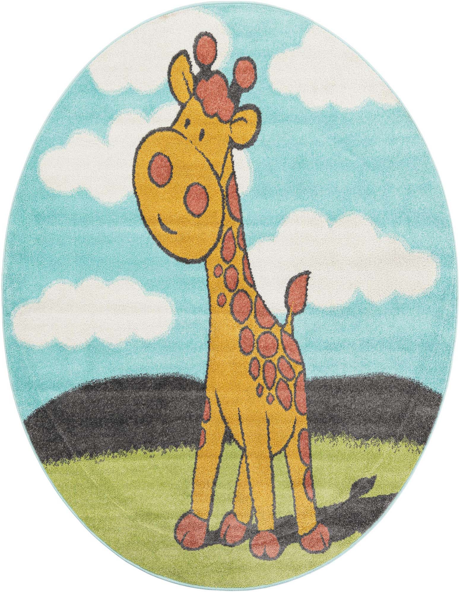 A round blue rug featuring a friendly cartoon giraffe in a green field under a cloudy sky, perfect for a child's room.
