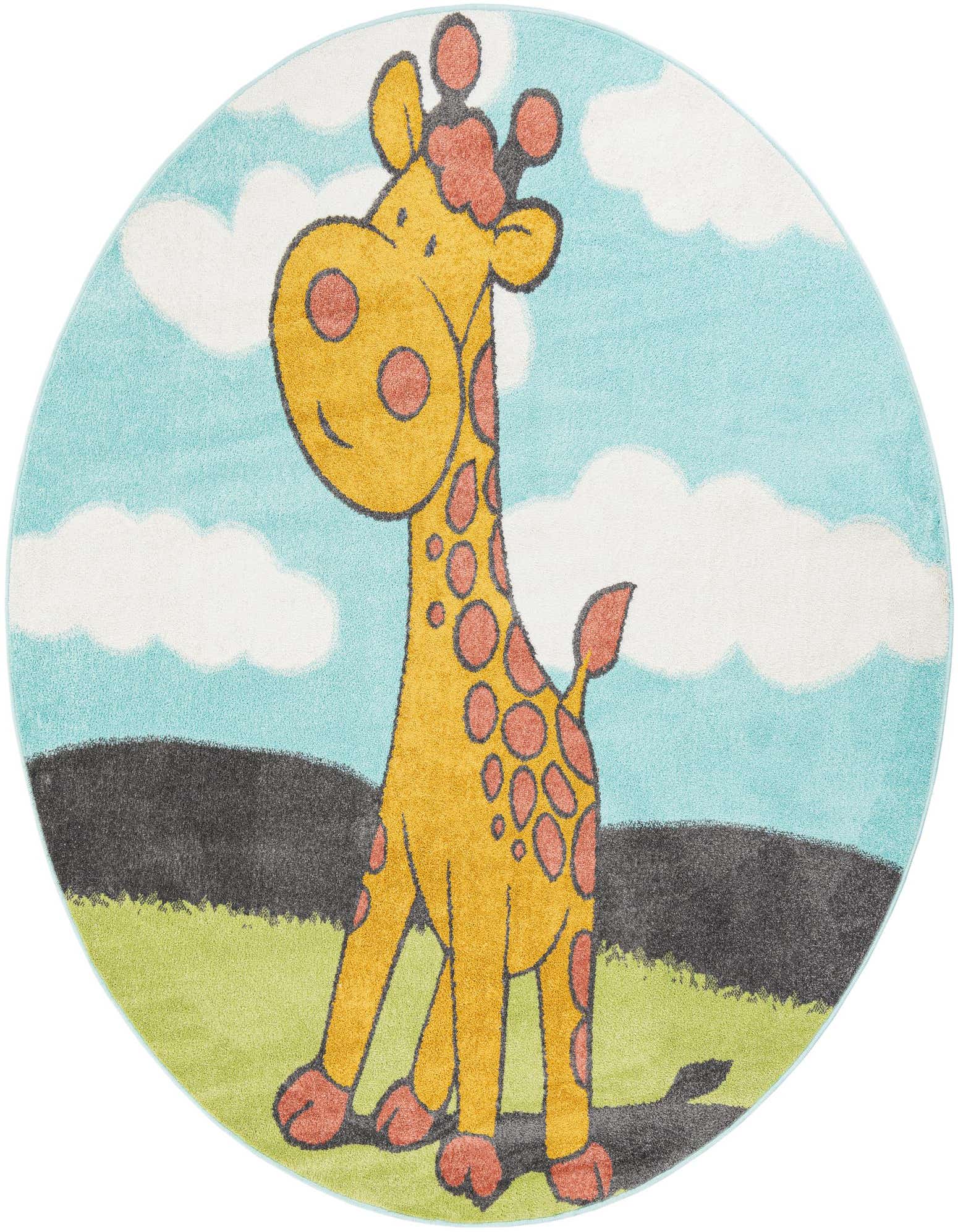 A round blue rug featuring a cartoon giraffe with orange spots standing in a green field under a blue sky with white clouds.