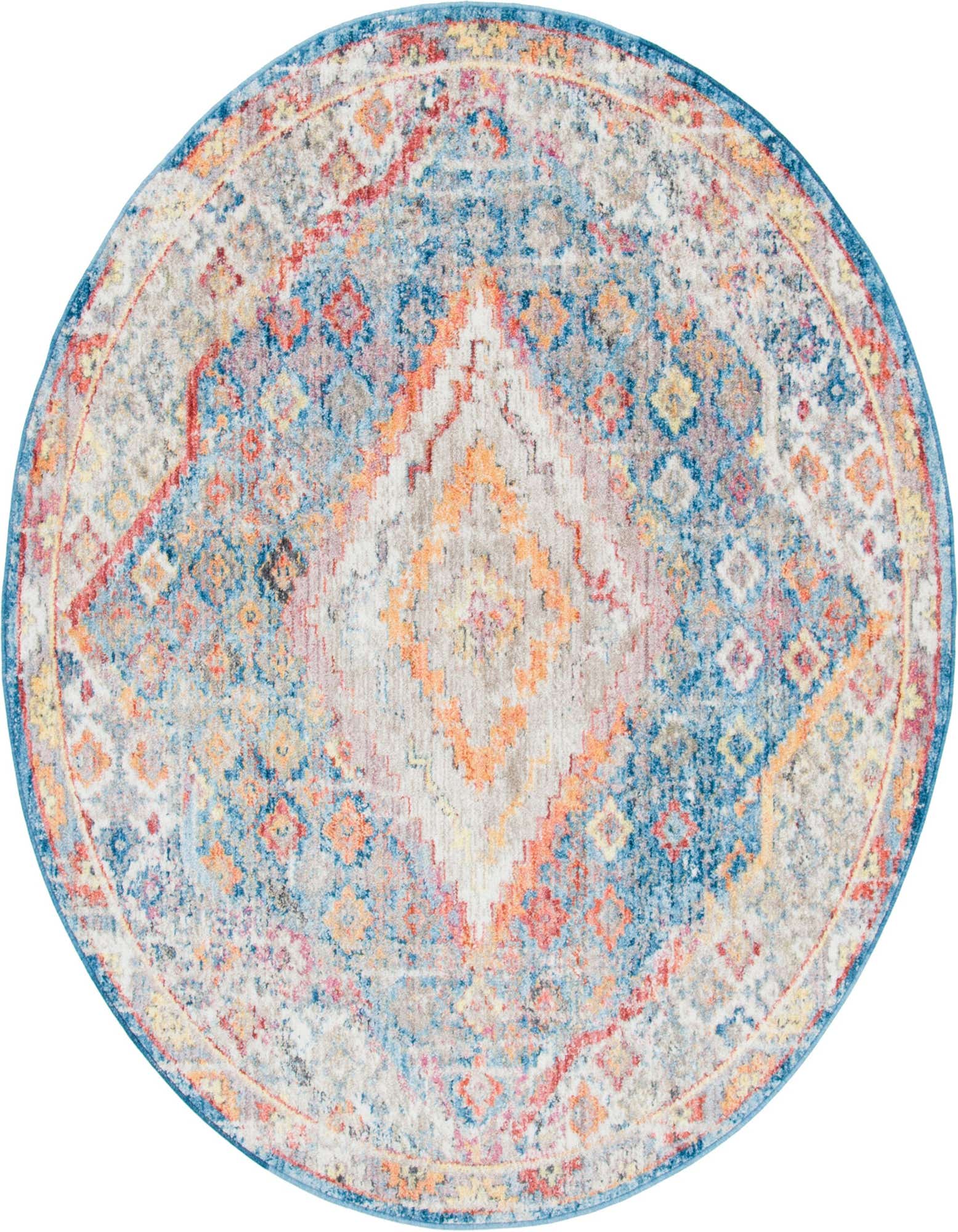 A 6' round blue bohemian rug with a distressed medallion pattern in shades of blue, orange, red, and grey.