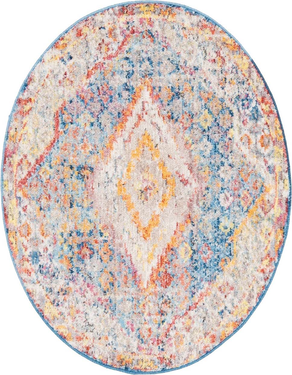 A 3' 3 x 3' 3 round blue bohemian rug with a distressed medallion pattern in vibrant blues, oranges, reds, and yellows.