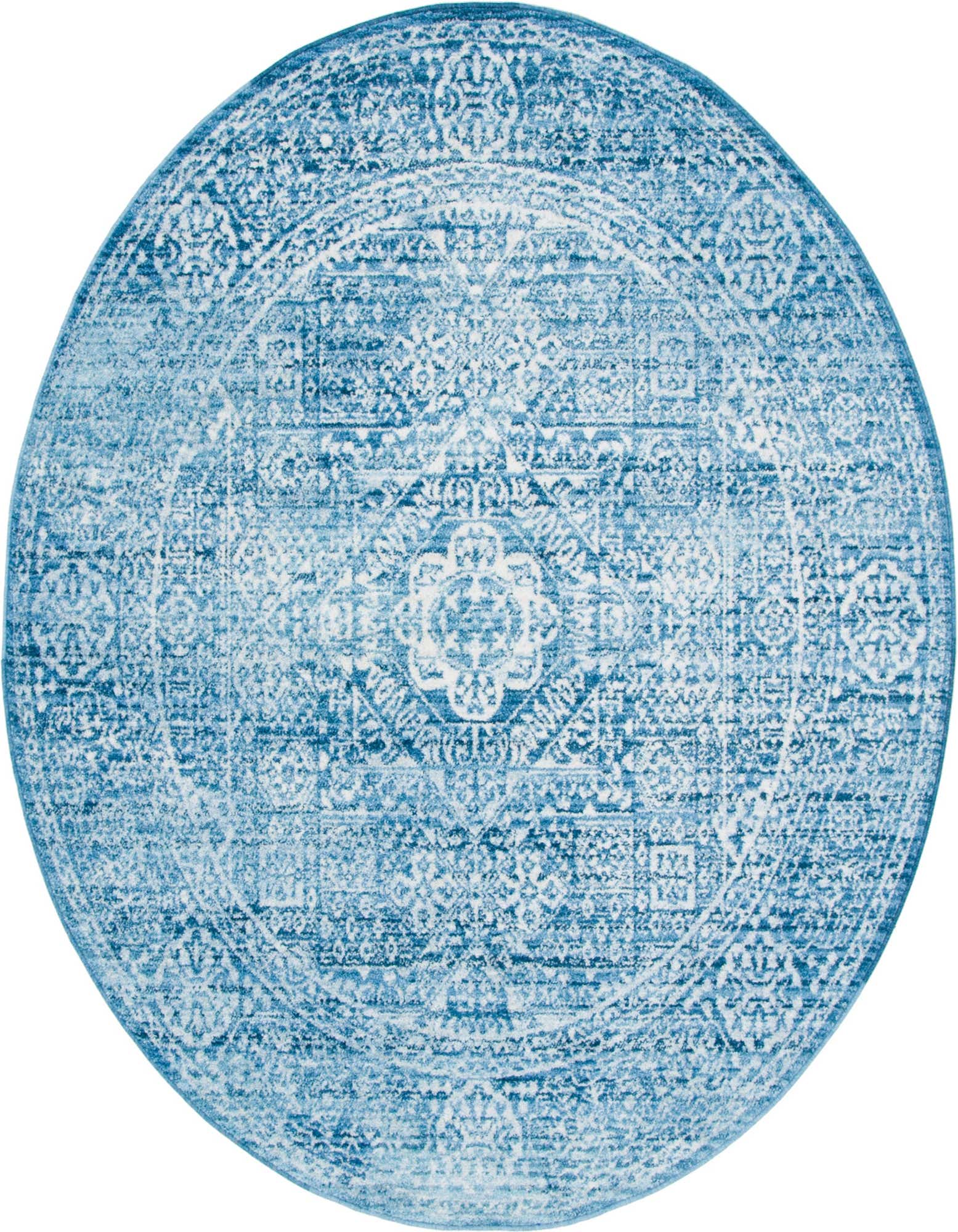 A round 6' blue bohemian area rug with a faded medallion pattern, suitable for various indoor spaces.