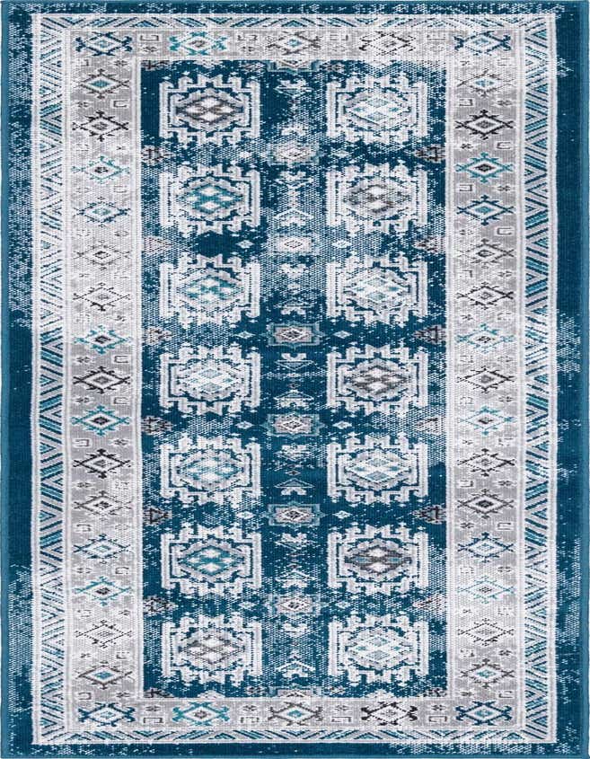 A 6 ft runner rug with a distressed Bohemian tribal pattern in shades of blue, grey, and white.