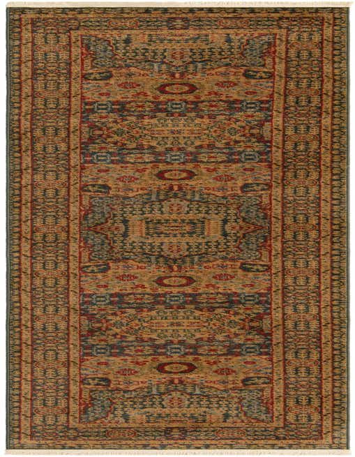 A 10 ft runner rug in a traditional Bohemian style, featuring a medallion pattern in blues, gold, and red tones, perfect for a hallway.
