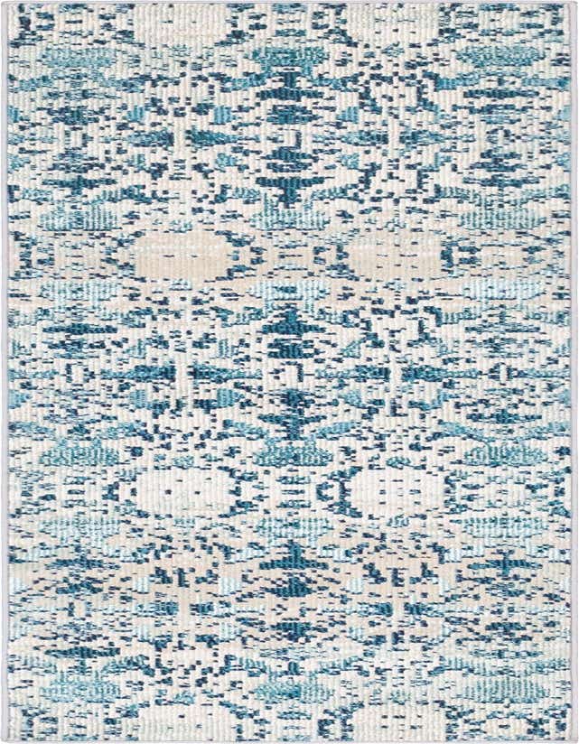 A 6 ft runner rug with a distressed bohemian medallion pattern in shades of blue and cream, ideal for a hallway.