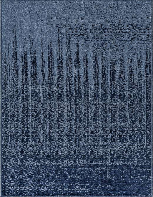A 10 ft runner rug in varying shades of blue, featuring an abstract, distressed pattern with vertical lines and subtle traditional motifs.