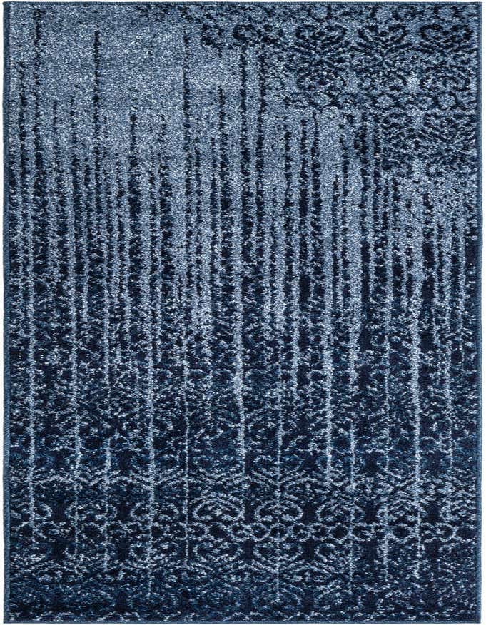 A 6 ft runner rug in shades of blue, featuring a transitional abstract pattern with vertical distressed lines and ornate motifs.