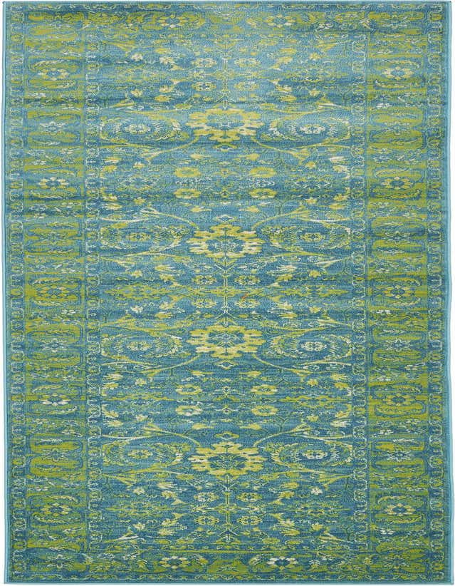 A 10 ft runner rug featuring a distressed blue background with vibrant lime green and yellow floral and medallion patterns.