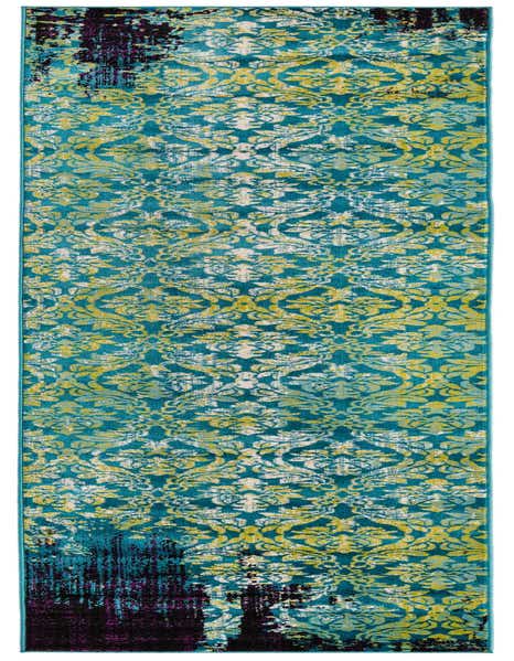 A 12 ft runner rug with a vibrant blue background, featuring distressed bohemian floral patterns in yellow, white, and dark purple.