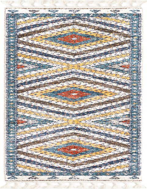 Aramis 8 ft runner rug featuring a modern stripe pattern in various shades of blue, yellow, and rust, with white fringe.