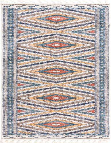 A 13 ft runner rug with a modern geometric pattern in shades of blue, orange, yellow, and brown, featuring white fringe.