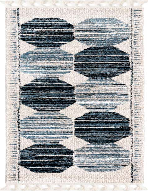 Aramis 8 Ft Runner rug with a modern blue and white striped pattern and fringe, perfect for a hallway.