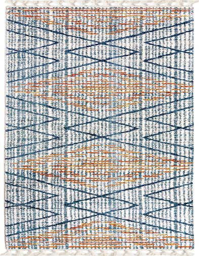 A 13 ft runner rug with a modern blue and orange geometric stripe pattern, featuring tassels on both ends.