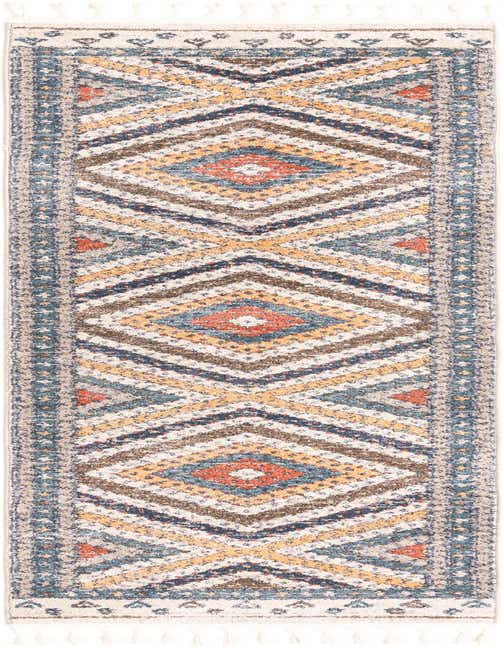 A 10 ft runner rug featuring a modern geometric stripe pattern in shades of blue, orange, brown, and cream, with decorative tassels.