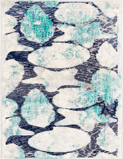 A close-up of an 8 ft runner rug featuring a modern abstract floral pattern in shades of blue, teal, and off-white.