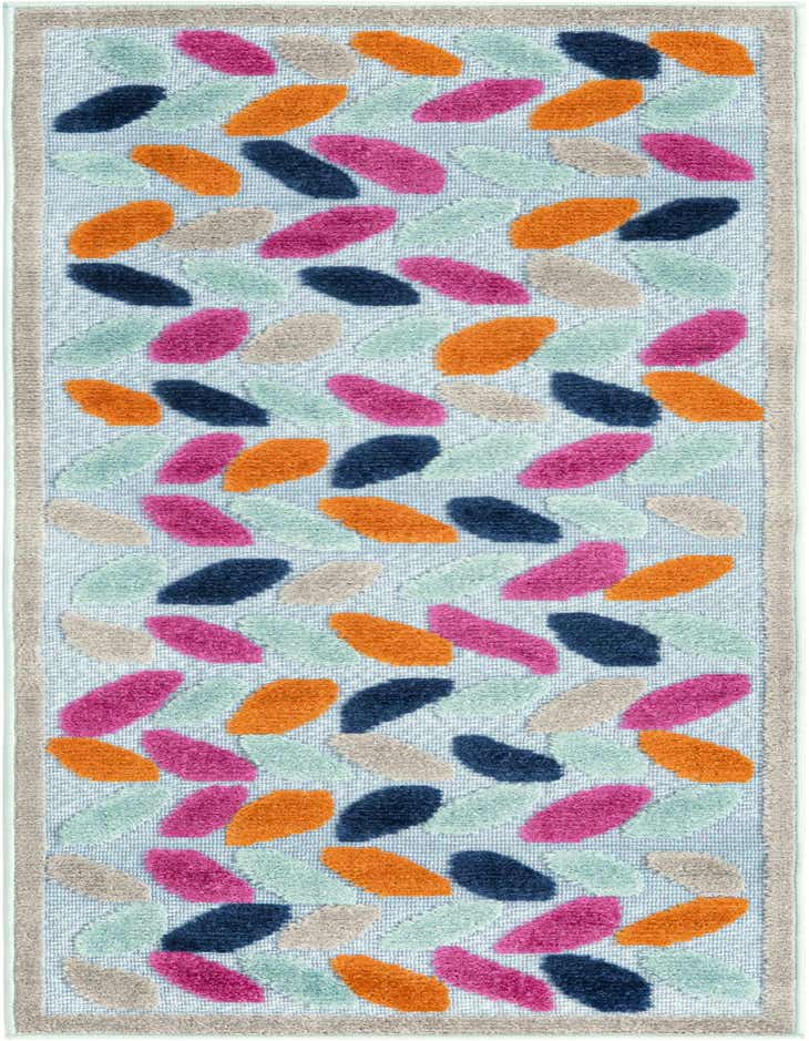 A 6 ft runner rug with a light blue base and a textured bohemian pattern of colorful leaves in hot pink, orange, navy, and light blue, ideal for a hallway or patio.
