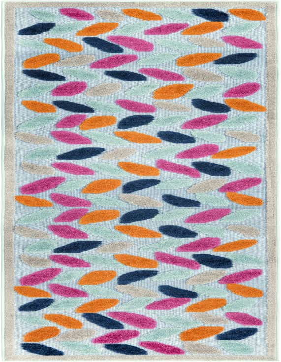 A vibrant 8 ft runner rug with a light blue base and a playful trellis pattern of colorful leaf-like shapes in fuchsia, orange, navy, and mint green, ideal for a hallway or patio.