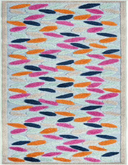 A 10 ft runner rug with a light blue background and a vibrant, textured leaf pattern in fuchsia, orange, navy, and light green, ideal for a hallway or patio.