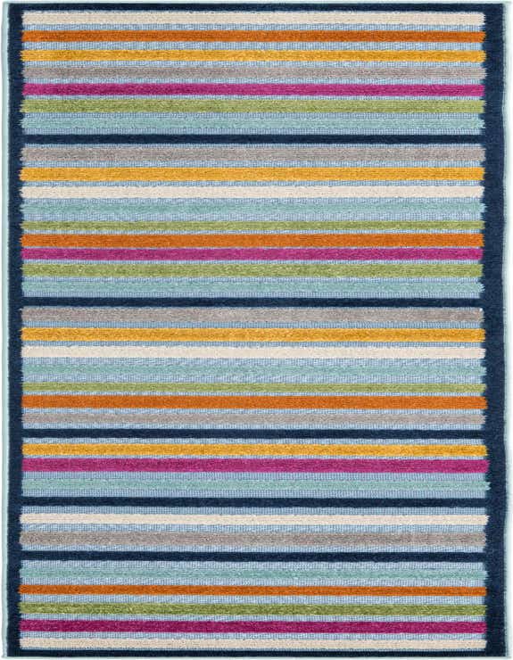 A vibrant 8 ft runner rug with thick horizontal stripes in various colors like blue, orange, green, and pink, framed by a dark blue border.