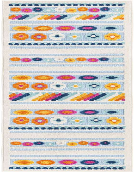 A vibrant 8 ft runner rug featuring a bohemian stripe pattern in various shades of blue, orange, pink, and white.