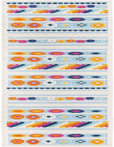 A 10 ft runner rug with a vibrant bohemian pattern featuring blue, orange, pink, and yellow floral and geometric motifs on a light blue and white striped background.
