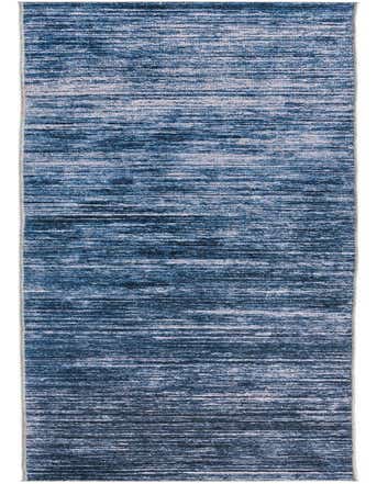 A 16 ft runner rug with a modern blue and white stripe pattern, ideal for a hallway.