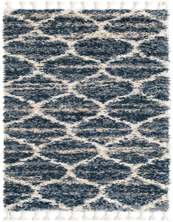A 6 ft runner rug from the Athena Shag collection, featuring a plush blue and cream abstract pattern with tassels.