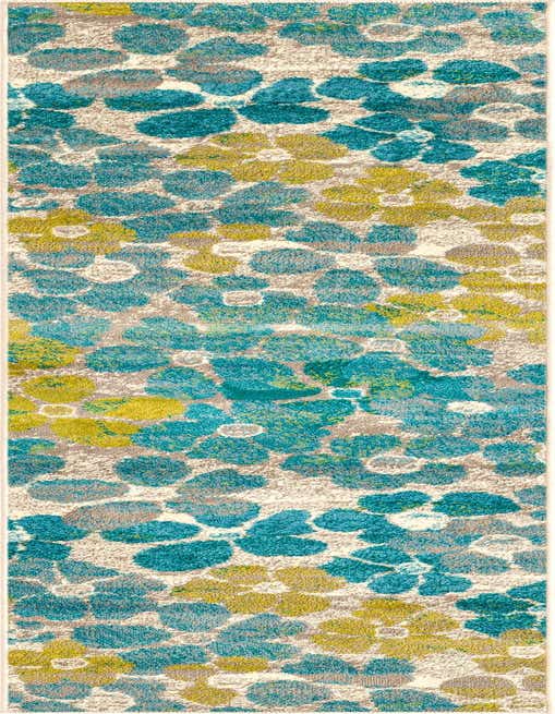 A long runner rug featuring an abstract floral pattern in shades of blue, green, and gray on a cream background.