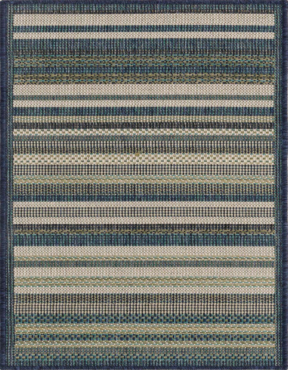A 4 ft runner rug from the Baja Outdoor collection featuring varied horizontal stripes in shades of blue, green, and beige, with a dark blue border.